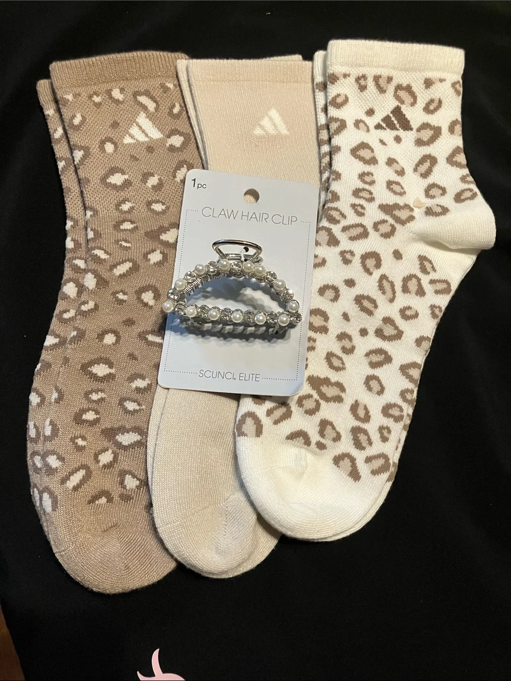ADIDAS- Beige & Cream Leopard Print Socks with Pearl Claw Hair Clip- NWT